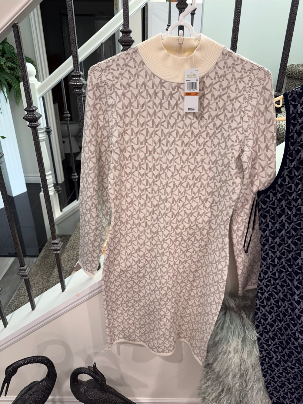 Michael Kors Cream and Taupe Logo Jacquard Long-Sleeve Dress